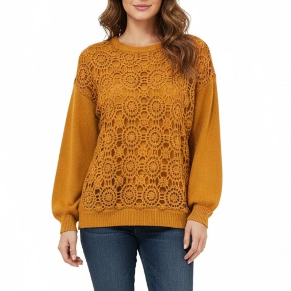 Mustard Crew Neck Sweater with Textural Swirl Design